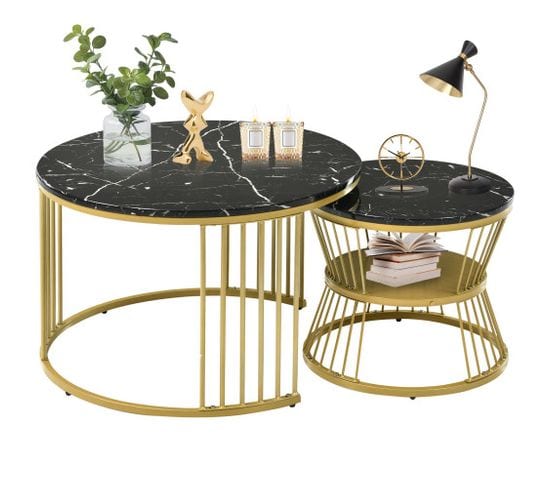 Table basse gigogne moderne, ensemble de tables basses en placage de marbre, cadre de couleur dorée