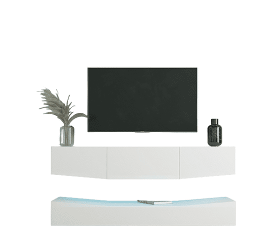 Meuble TV Blanc Brillant Suspendu Flottant Mural avec Éclairage LED pour Salon, blanc
