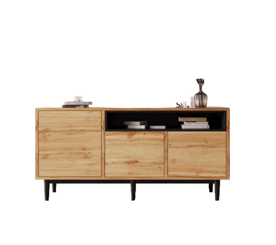 Buffet moderne en bois avec trois portes et étagères 160x35x76, robuste et fiable