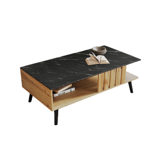 Table basse patchwork couleur bois noir 90x54x40, design bord PVC, motif texturé, élégance