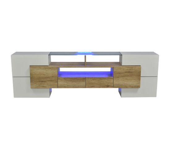 Meuble TV élégant blanc brillant avec éclairage LED, meuble de salon. Surface en verre