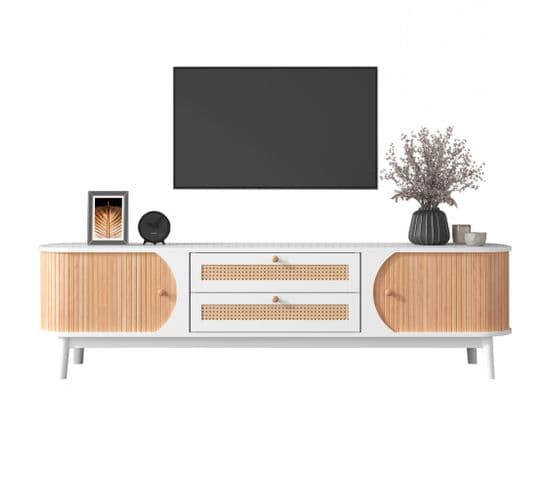 Meuble TV en bois naturel avec Portes et tiroirs en rotin, Style champêtre, blanc