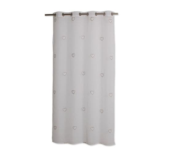 Voilage Solden En Étamine Avec Des Cœurs Brodés - Longueur 240 Cm X Largeur 140 Cm - Blanc Et Beige