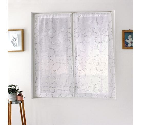 Paire De Vitrages Brodée De Sphères - 60x90 Cm - Gris Galet