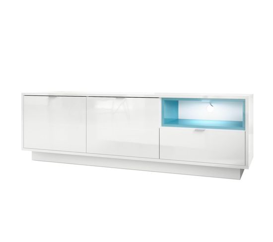 Meuble TV  Blanc Haute Brillance Avec Une Insertion En Turquoise Haute Brillance + LED