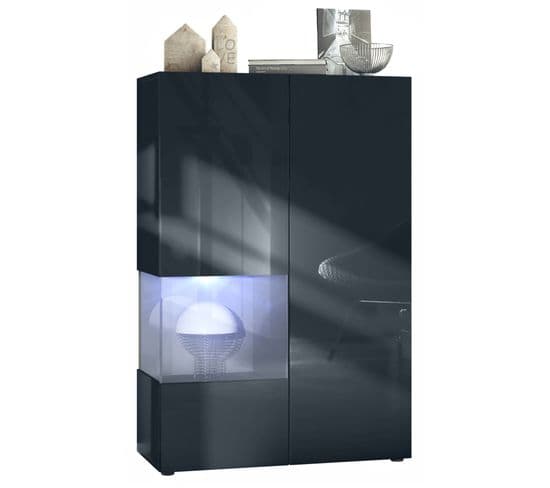 Vitrine Noir Mat Et Brillant Insertion Grise Laquée (lxhxp) : 91,5 X 136,5 X 37 Cm + LED Blanc