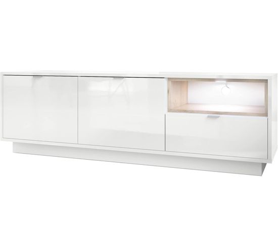 Meuble TV  En Blanc Haute Brillance Avec Une Insertion En Chêne Nordique + LED  153 X 48 X 38