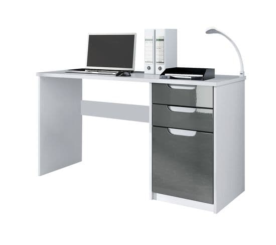 Bureau Avec 2 Tiroirs Et D’une Porte, Blanc Mat/gris Haute Brillance (129 X 76 X 60 Cm)