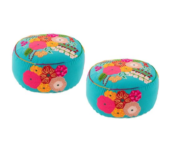 Pouf Rond En Tissu Aux Broderies Florales (lot De 2) - Acapulco