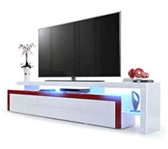 Meuble TV Blanc Et Bordeaux Laqué 227 Cm Avec LED