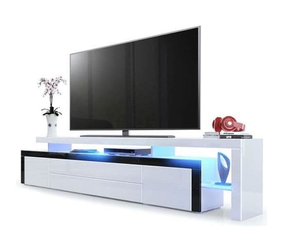 Meuble TV Bordure Noir  Noir -  Blanc Laqué 227 Cm Avec LED