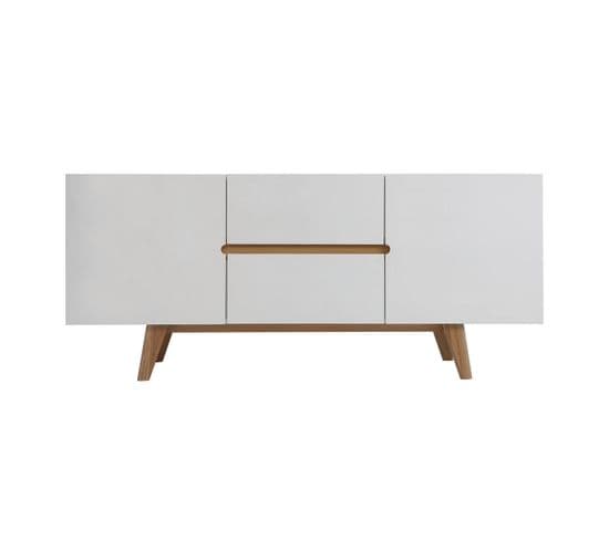 Buffet Scandinave Blanc Brillant Et Finition Bois Clair 2 Portes 2 Tiroirs L160cm Melka