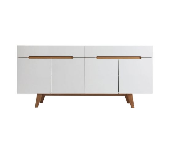 Buffet Scandinave Blanc Brillant Et Finition Bois Clair 4 Portes 2 Tiroirs L180 Cm Melka