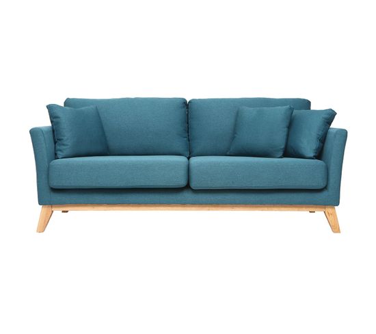 Canapé Scandinave Déhoussable 3 Places En Tissu Bleu Canard Et Bois Clair Oslo