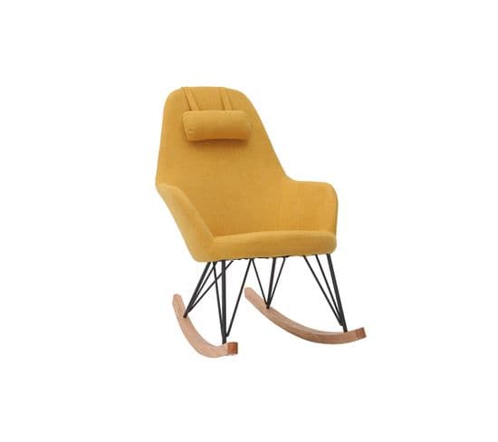 Rocking Chair Scandinave En Tissu Effet Velours Jaune Moutarde, Métal Noir Et Bois Clair Jhene