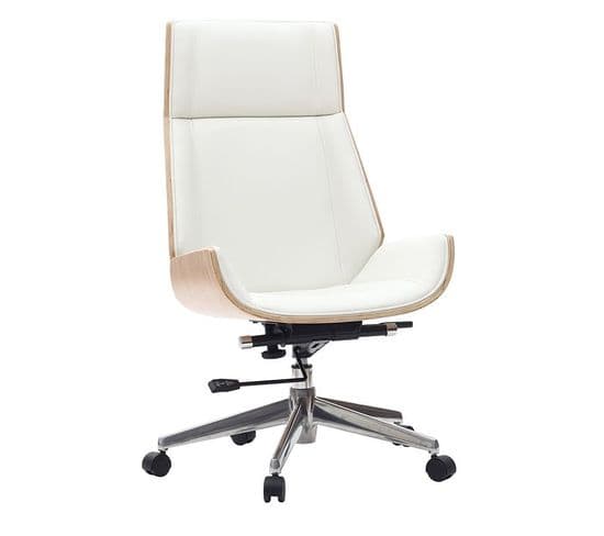 Fauteuil De Bureau De Direction Design Blanc, Bois Clair Et Acier Chromé Curved