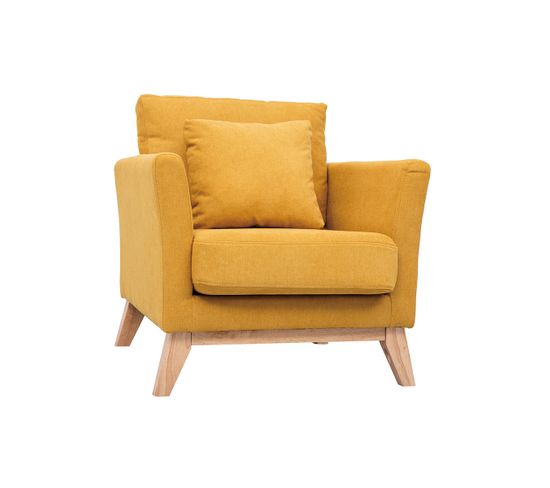 Fauteuil Scandinave Déhoussable En Tissu Effet Velours Jaune Moutarde Et Bois Clair Oslo