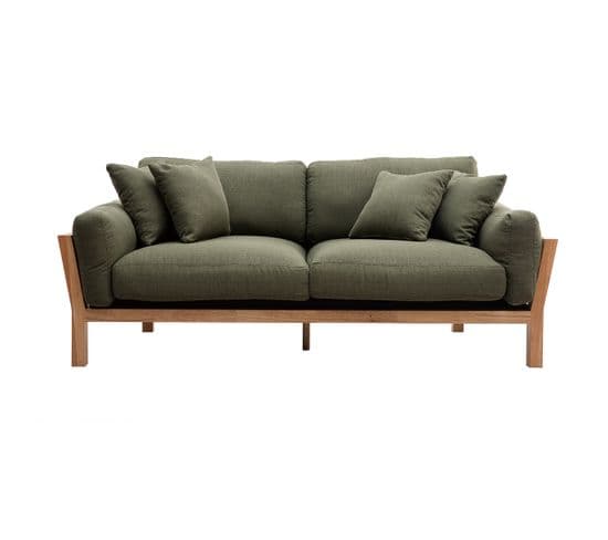 Canapé Scandinave Déhoussable 3 Places En Tissu Kaki Et Bois Clair Kyo