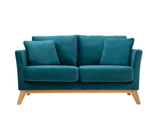 Canapé Scandinave Déhoussable 2 Places En Tissu Velours Bleu Pétrole Et Bois Clair Oslo