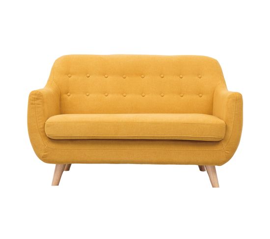 Canapé Scandinave Déhoussable 2 Places En Tissu Effet Velours Jaune Moutarde Et Bois Clair Ynok