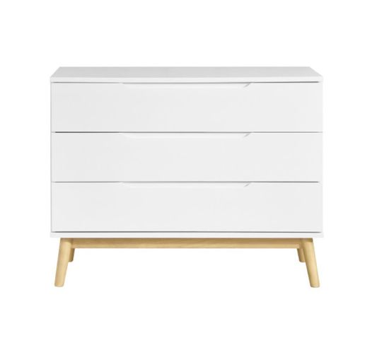 Commode Scandinave Blanc Mat Et Bois Clair 3 Tiroirs L90 Cm Felix