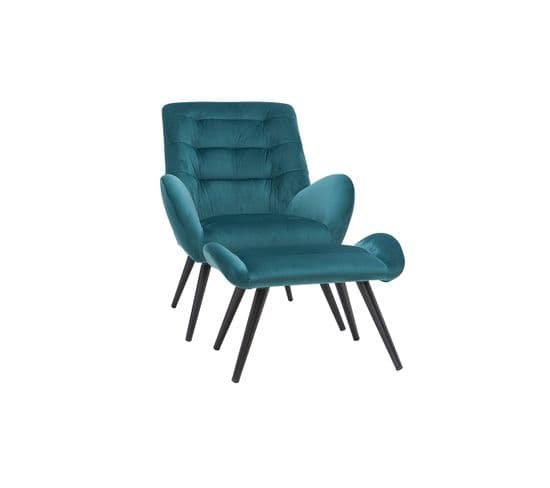 Fauteuil Et Repose-pieds Design En Tissu Velours Bleu Pétrole Et Métal Noir Zoe