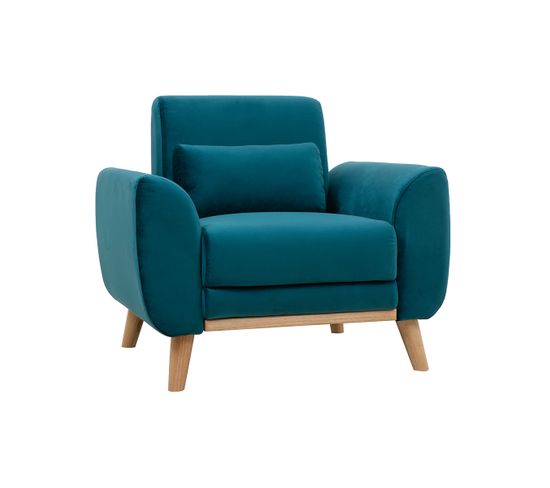 Fauteuil Scandinave En Tissu Velours Bleu Pétrole Et Bois Clair Ektor