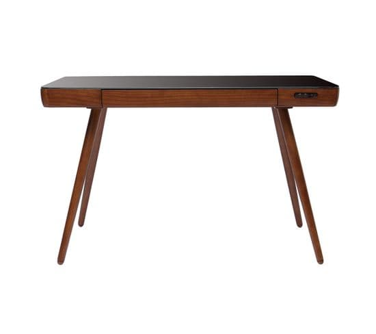 Bureau Connecté Multimédia Avec Tiroir En Verre Noir Et Bois Foncé Noyer L120 Cm Clever