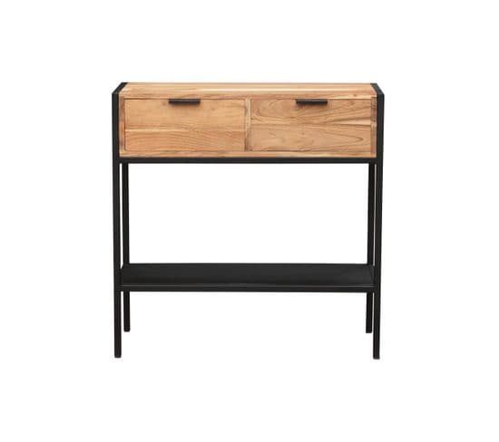 Console Avec Rangements 2 Tiroirs En Bois Massif Et Métal Noir L80 Cm Arthus