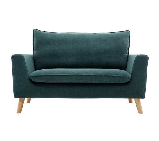 Canapé Scandinave 2 Places En Tissu Effet Velours Bleu Canard Et Bois Clair Jonas