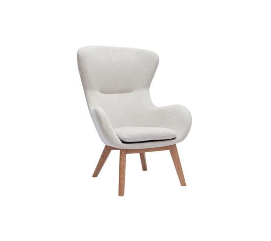 Fauteuil Scandinave En Tissu Effet Velours Texturé Beige Et Bois Clair Eskua