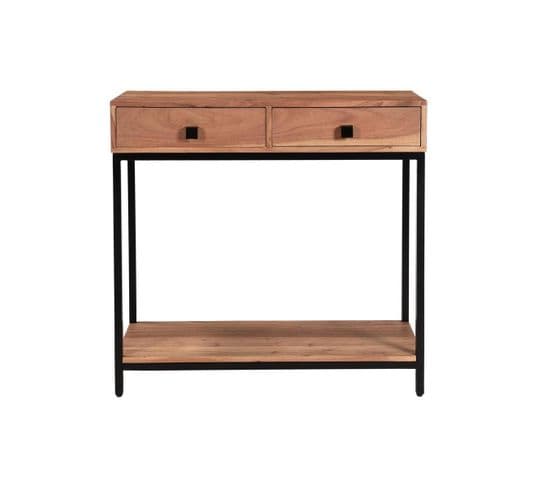 Console Avec Rangements 2 Tiroirs En Bois Massif Et Métal Noir L80 Cm Axelle