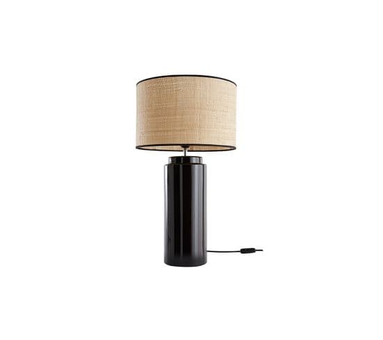 Lampe à Poser En Céramique Émaillée Noire Et Abat-jour En Raphia Naturel H64 Cm Majes