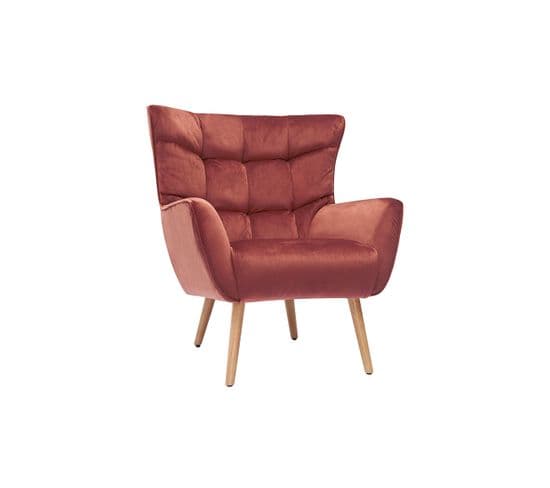 Fauteuil Scandinave En Tissu Velours Rouge Tomette Et Bois Clair Avery