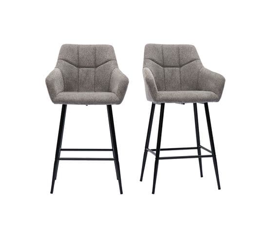 Tabourets De Bar En Tissu Effet Velours Texturé Gris Et Métal Noir H65 Cm (lot De 2) Montero