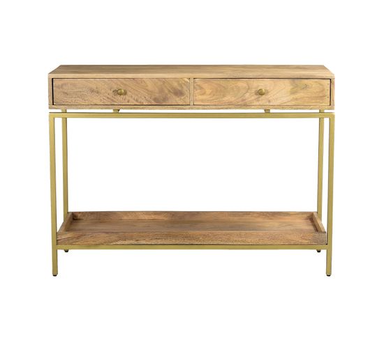 Console Avec Rangements 2 Tiroirs Bois Manguier Massif Et Métal Doré  L110 Cm Octavie