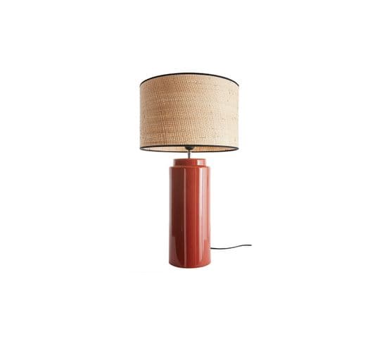 Lampe À Poser En Céramique Émaillée Terracotta Et Abat-jour En Raphia Naturel H64 Cm Majes