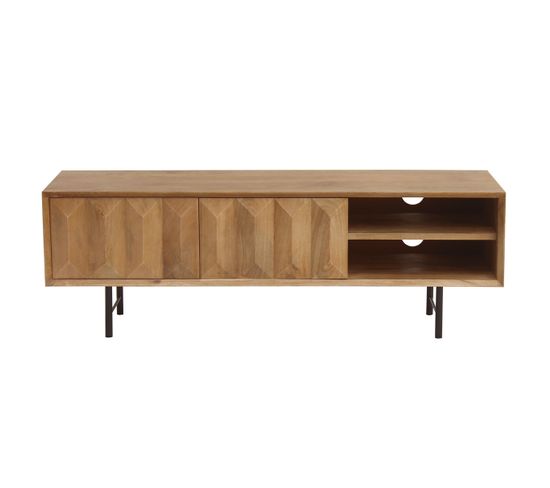 Meuble Tv En Bois Clair Manguier Massif Gravé Et Métal Noir L120 Cm Agra