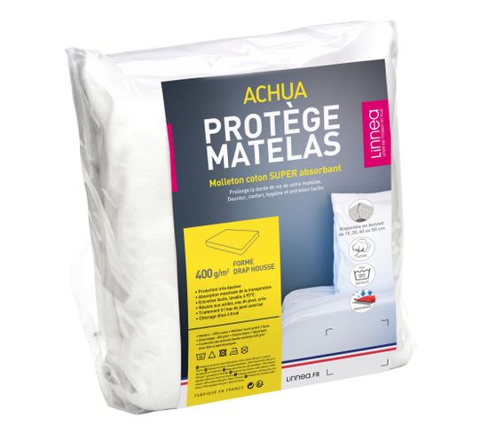 Protège Matelas 90x190 Cm Achua Molleton Coton 400g/m2 Bonnet 30cm