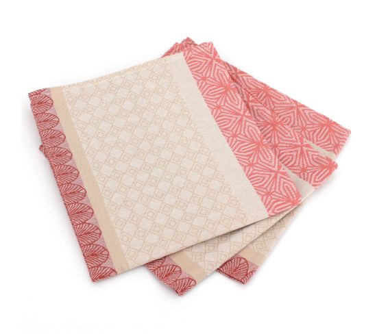 Lot De 3 Serviettes De Table 45x45 Cm Jacquard Coton Sans Enduction Charleston Rouge Corail