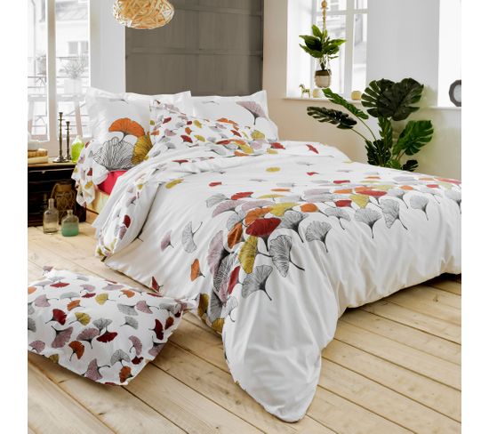 Parure De Lit 240x220 Cm Percale Pur Coton Ginkgo Rose