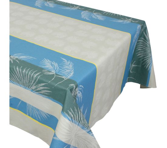 Nappe Carrée 150x150 Cm Palmier Bleu Lagon Jacquard Coton +