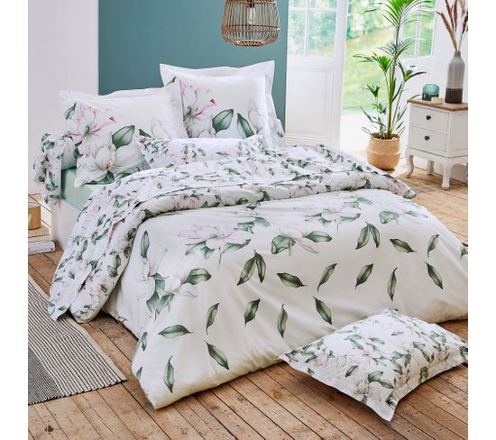 Parure De Lit 300x240 Cm Percale Coton Magnolia Vert Sauge