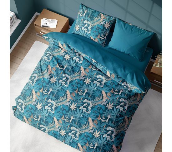 Parure De Lit 260x240 Cm Coton Leopardie Bleu 3 Pièces