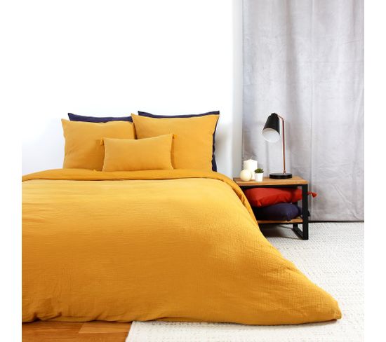 Parure De Lit 240x220 Cm Double Gaze De Coton Gazgaz Jaune Moutarde 3 Pièces