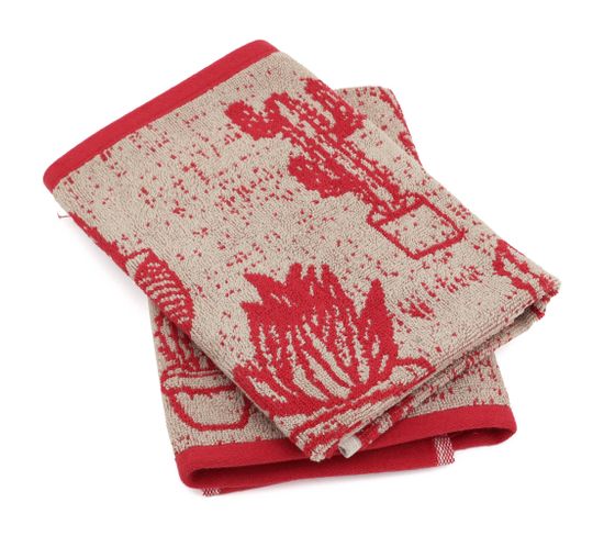 Lot De 2 Torchons De Cuisine Éponge 50x50 Cm Coton Cactus Rouge