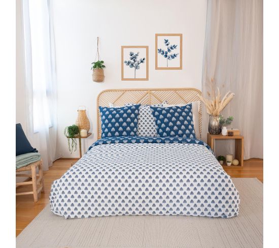 Parure De Lit 140x200 Cm Coton Bci Adouci Flavy Bleu 2 Pièces