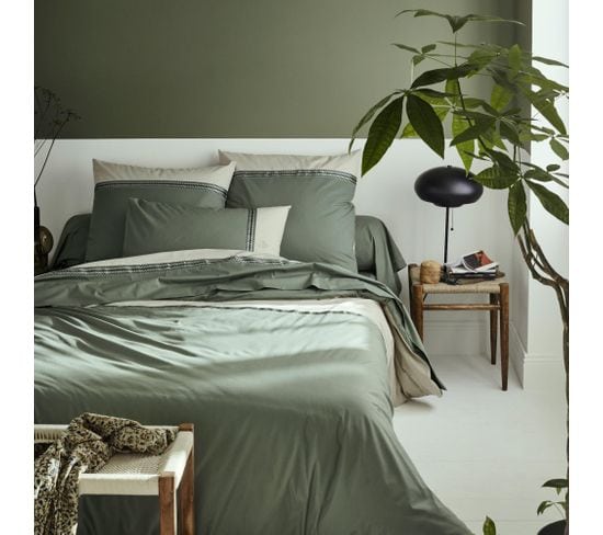 Parure De Lit 280x240 Cm Percale Coton Noa Vert Kaki 3 Pièces