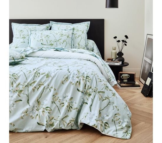 Parure De Lit 140x200 Cm Percale Coton Eléna Vert Nil 2 Pièces