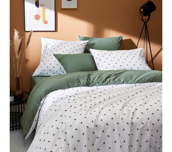 Parure De Lit 140x200 Cm Percale Coton Alex Vert Kaki 2 Pièces